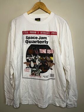 Vintage 1996 Space Jam Quarterly Newspaper Long Sleeve Shirt L *FLAWS*